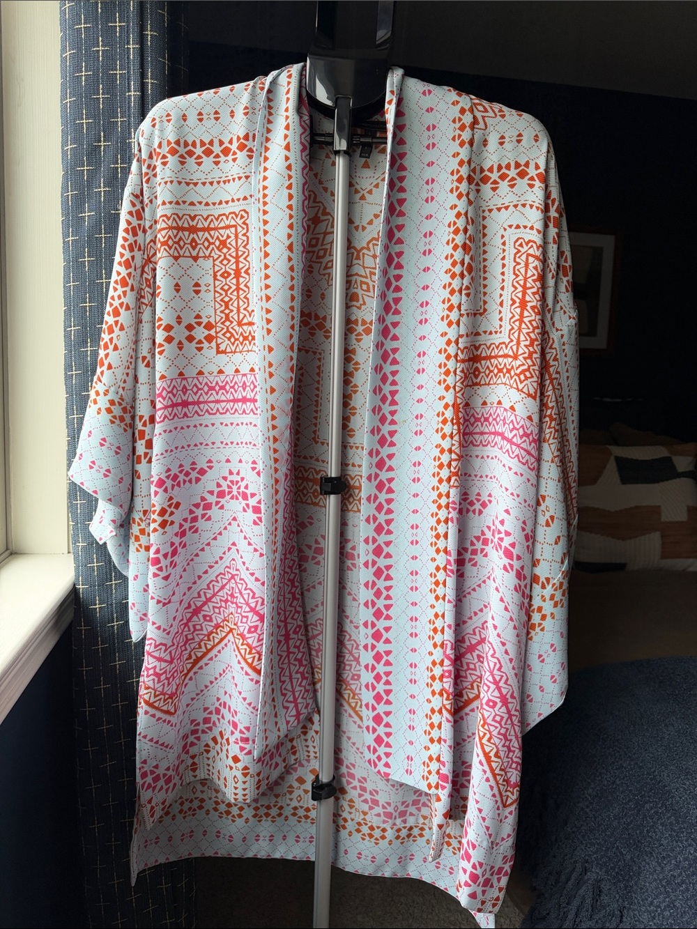 Light Blue Open-Front BCBG Kimono Jacket with Pink & Orange Geometric Print